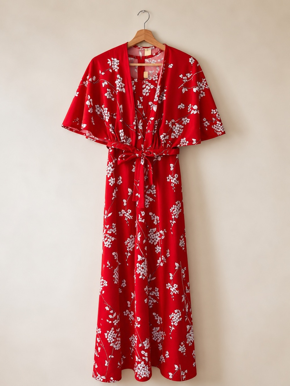 Vtg 70s Gay Gibson 2 Pc Dress & Cape Set Red Floral Maxi NWOT Cottagecore Boho